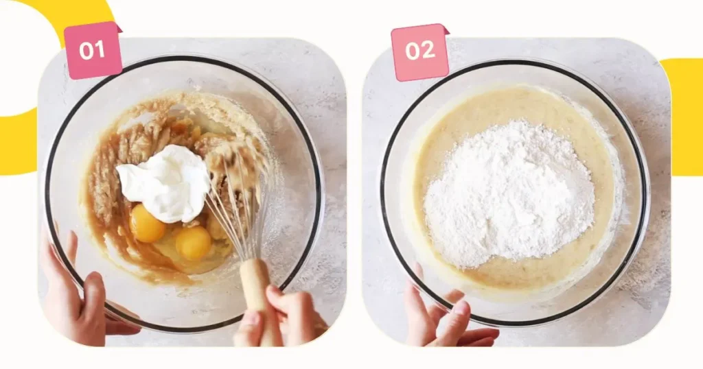 mixing wet and dry ingredients of banana bread