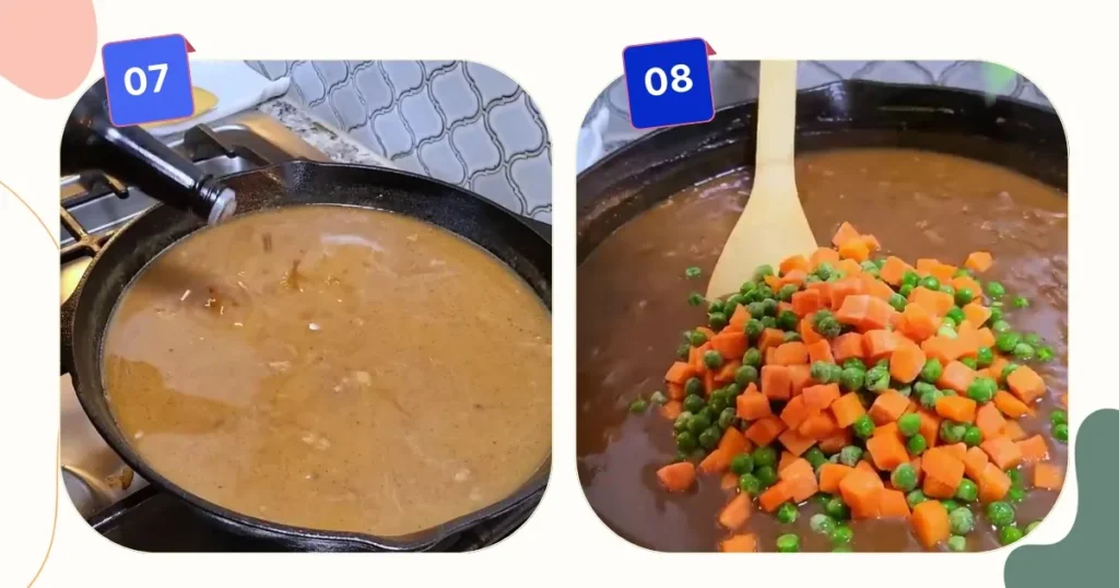 adding broth, frozen cube shaped carrots and peas to form a gravy