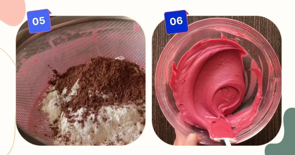 mixing all-purpose flour and cocoa powder togather to form the smooth batter for red velvet  brownies