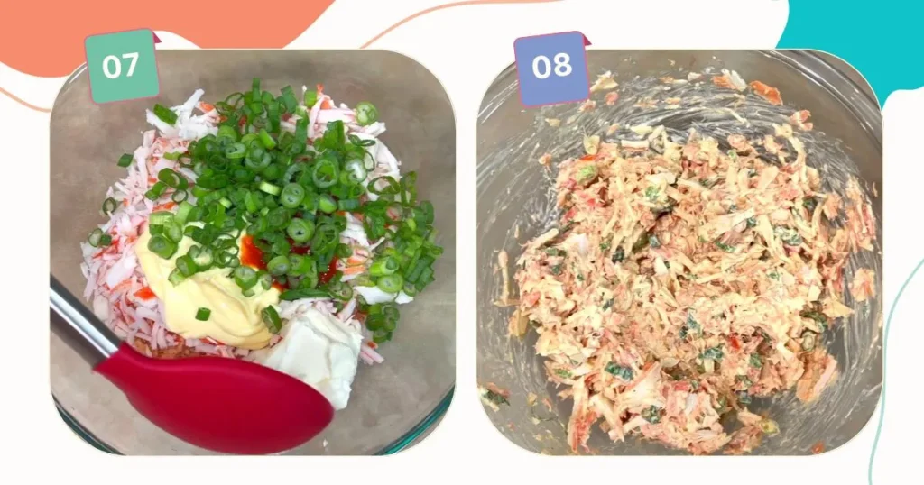 mixing the chopped salmon and shredded imitation crab with sauces and green onion