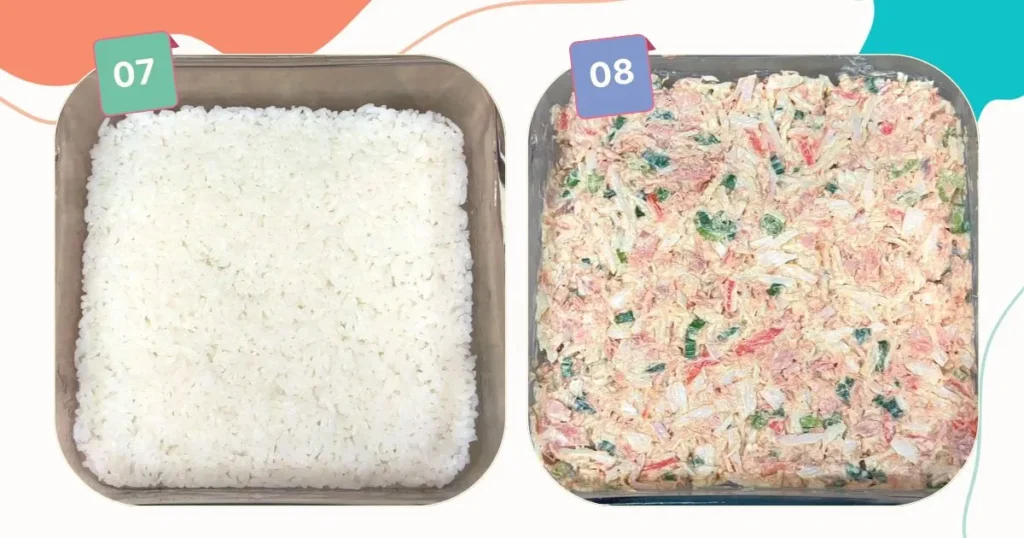 Assembling the sushi rice and prepared crab-salmon mixture.