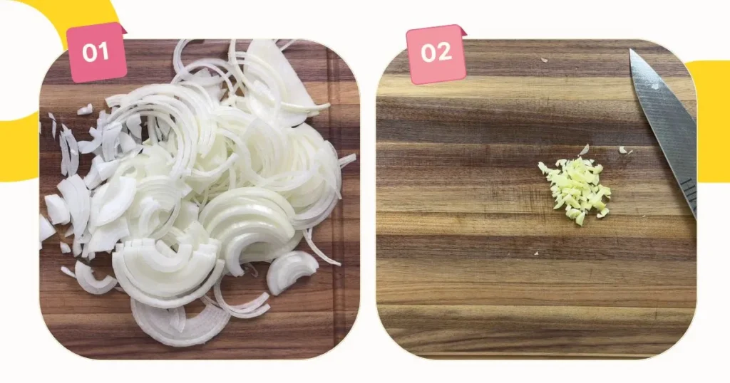 sliced onion and minced garlic