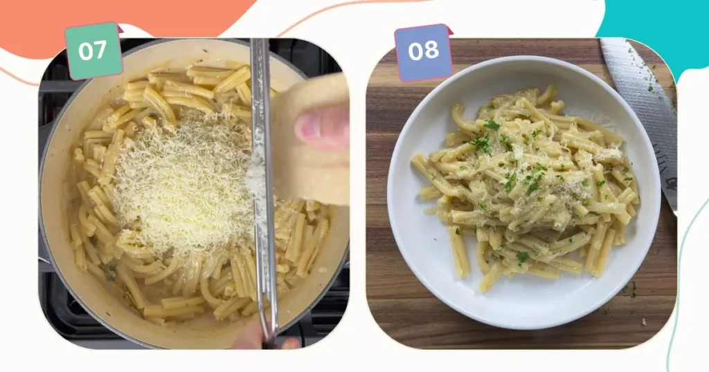 topping with cheese and  chopped parsley and seving the pasta