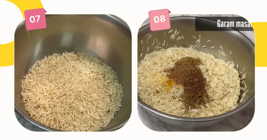 adding spice in rice for maqluba rice