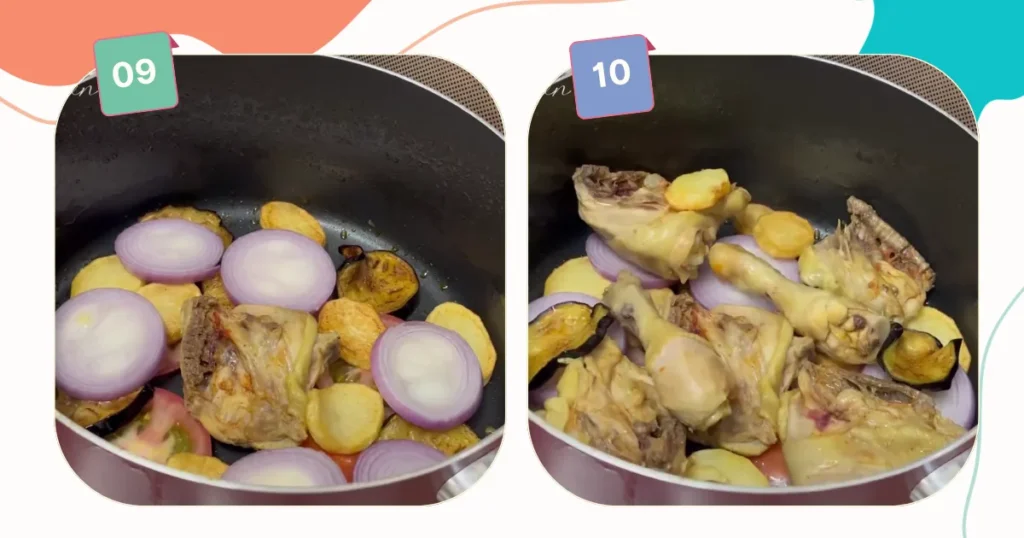 layering the vegetables and chicken for maqluba