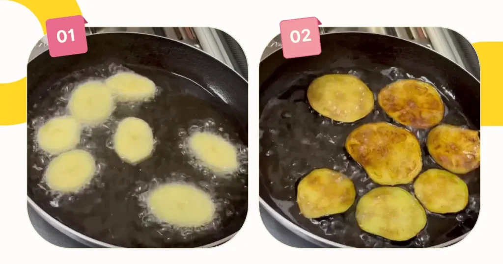 deep frying eggplants and potato slices 