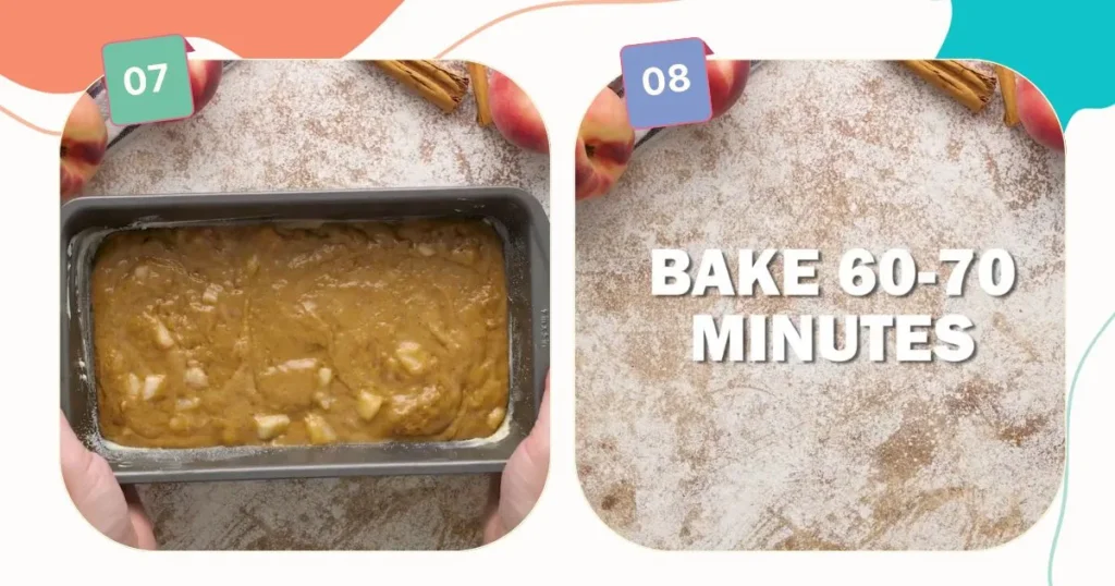 adding the peach bread batter into the loaf pan and baking it