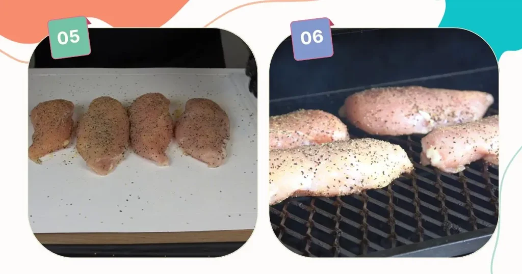 adding seasoning to chicken breast like salt and pepper and then putting the prepared breast on smoker