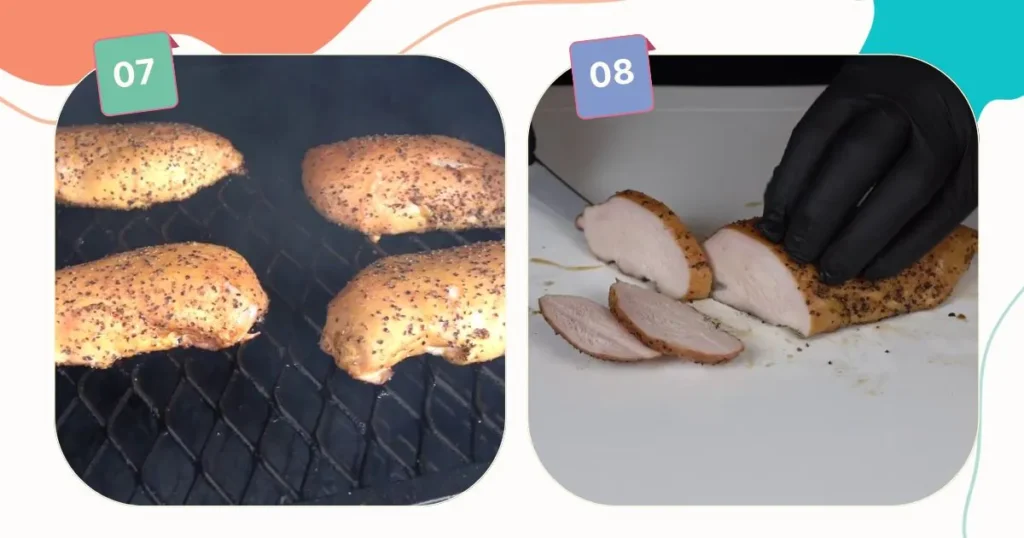 chicken breast is being smoked abd then prepared chicken is being cutting into slices