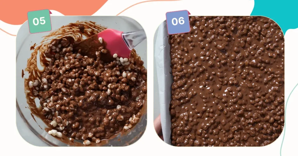 mixing the rice krispies and spreading the chocolate rice krispies mixture in a sheet pan