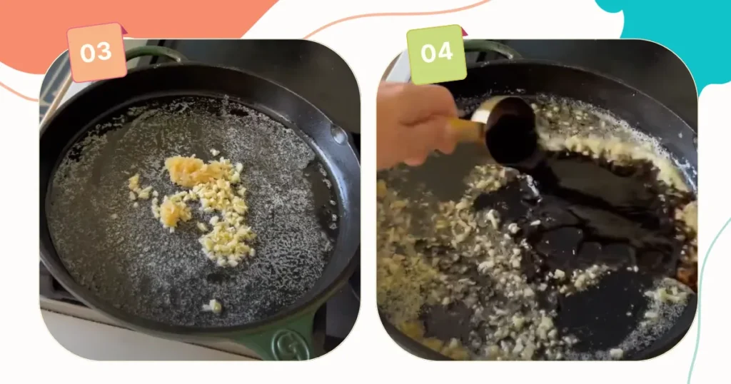 preparing sauce with sautéing minced garlic in butter and adding teriyaki sauce and seasoning. 