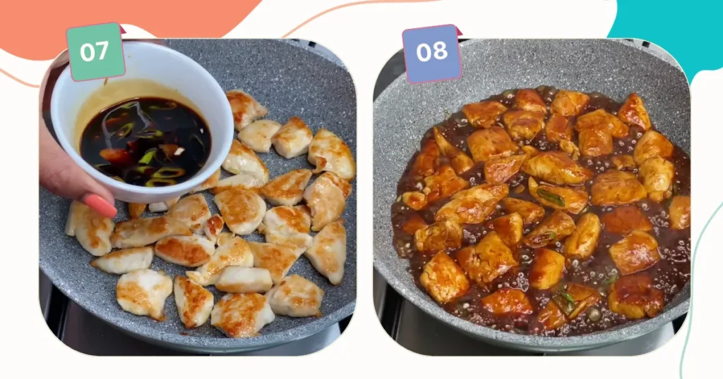 making the chicken teriyaki glaze by adding teriyaki sauce and cooking it until thicken