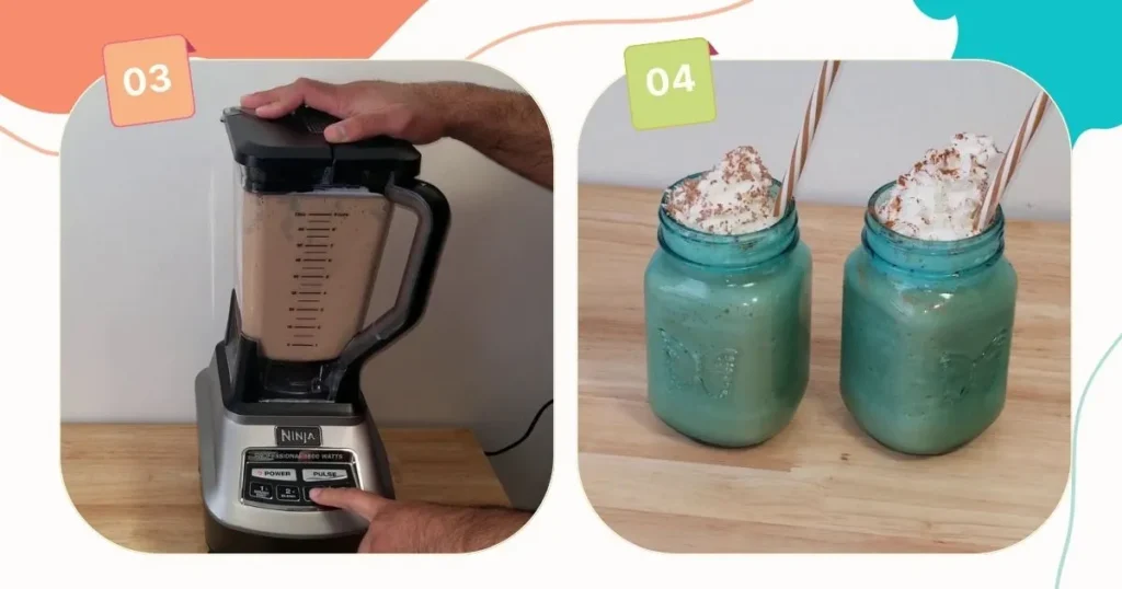 blending all the cappuccino blast ingredients in blender and serving in coffee mug