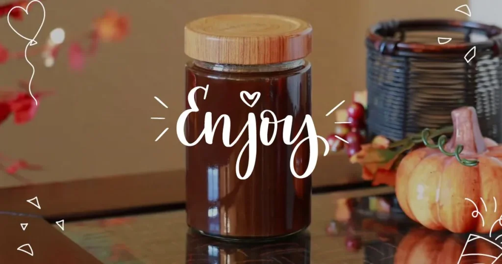 Pumpkin pie sauce in jar and enjoy text is written