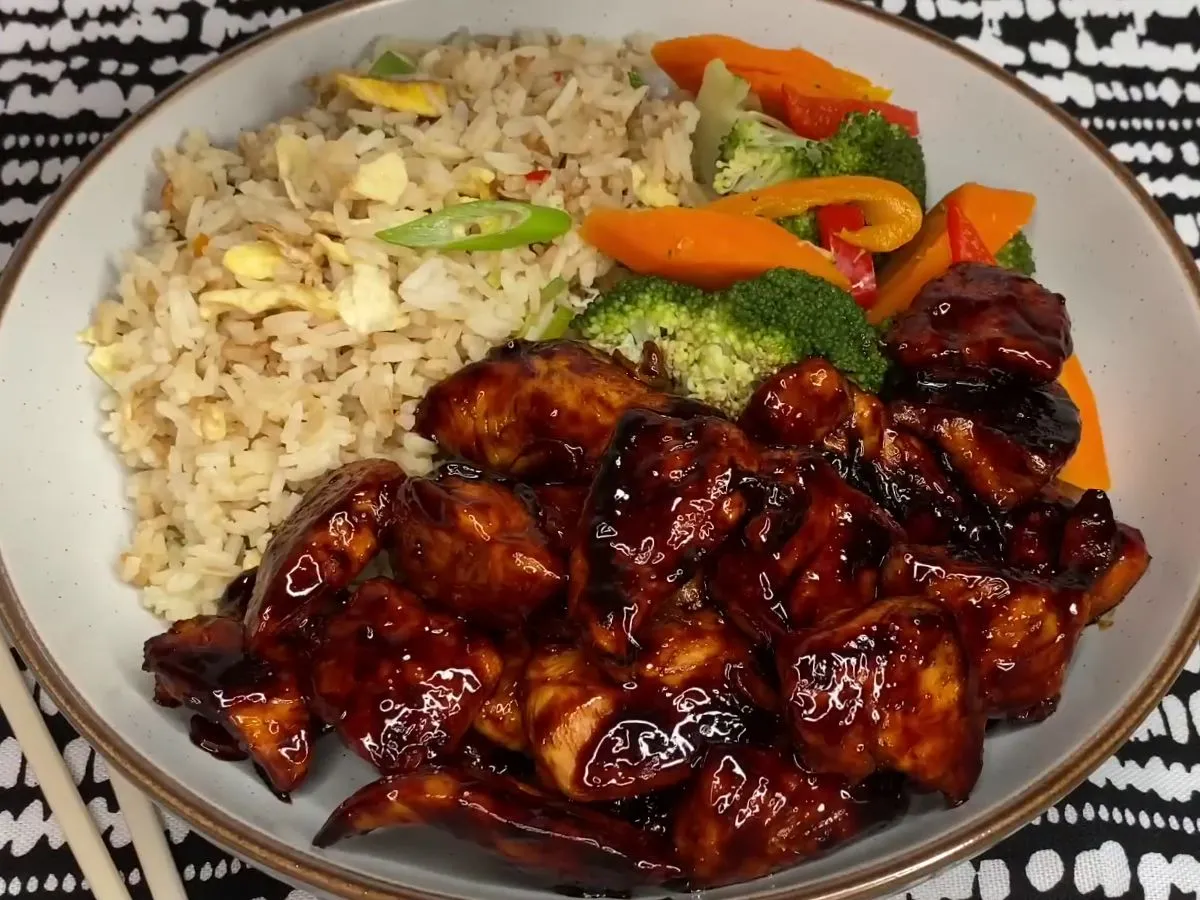 Chicken teriyaki bowl with rice and fried veggies