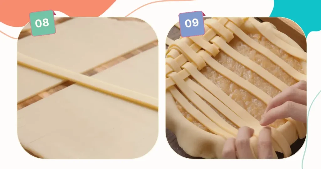 Cutting the strips from dough and knitting apple pie lattice 