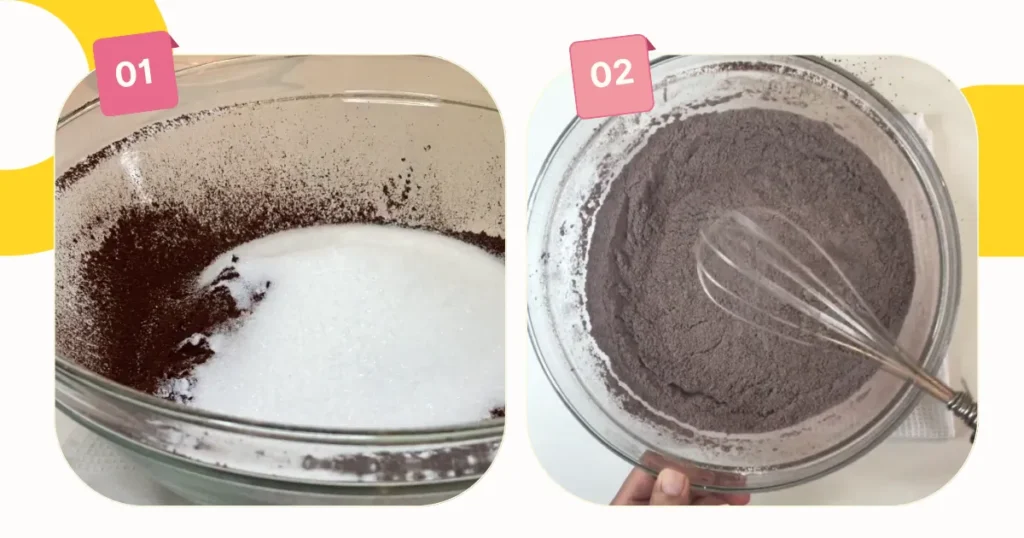 Combine dry ingredients like all-purpose flour, cocoa powder, sugar, baking soda in a bowl