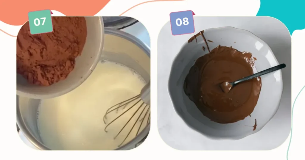 Making ganache with milk, flour, sugar and cocoa powder