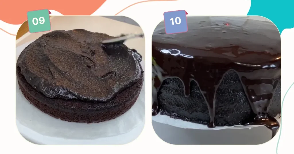 making layers of matilda cake and pouring ganache