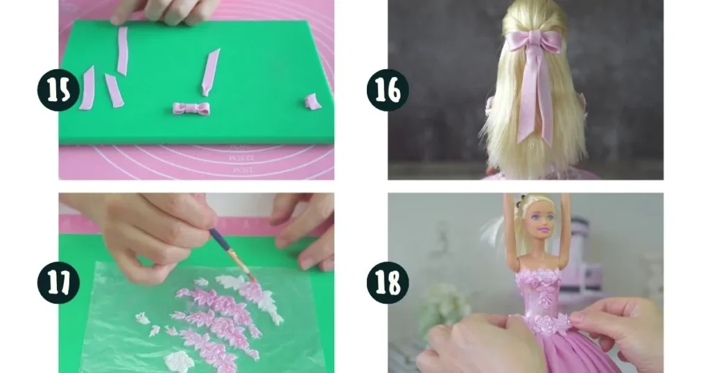 barbie cake decorations like making lace, glitter, and a bow with pink fondant