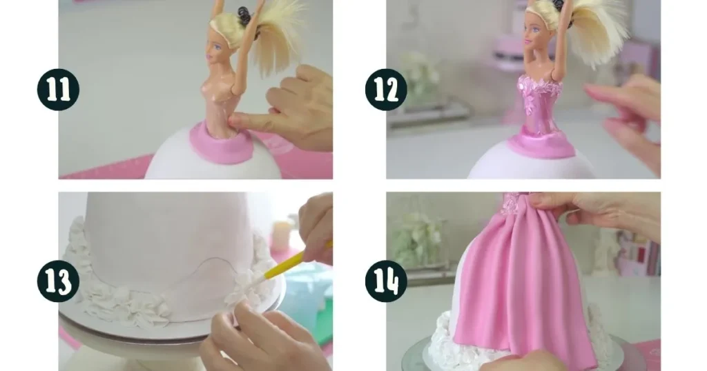 Insert the actual doll in center and make a fondant decorations like barbie gown and floral fondant flowers