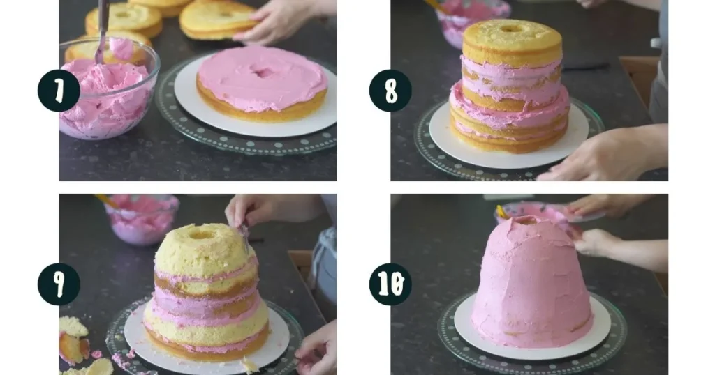 Stacking the icing and barbie birthday cake layers