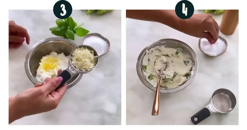 Making the stuffing with ricotta, lemon peel, spinach, and parmesan cheese for stuffed zucchini blossoms