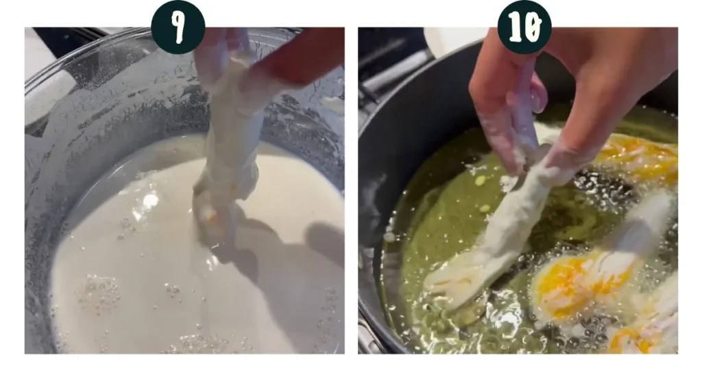 Coating the stuffed zucchini blossom in batter and frying