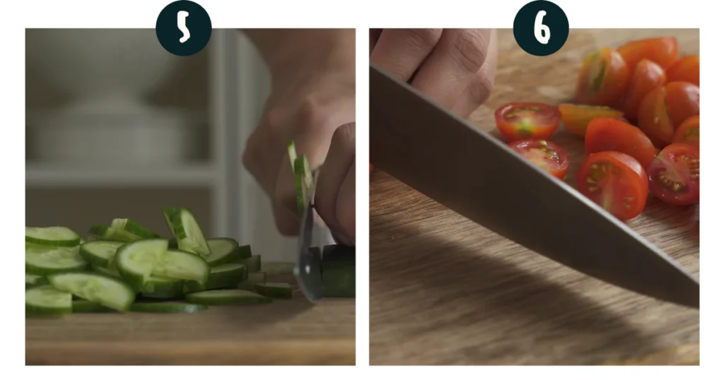 Slice cucumbers and onions into half moons. Dice tomatoes and avocados into bite-size pieces.  