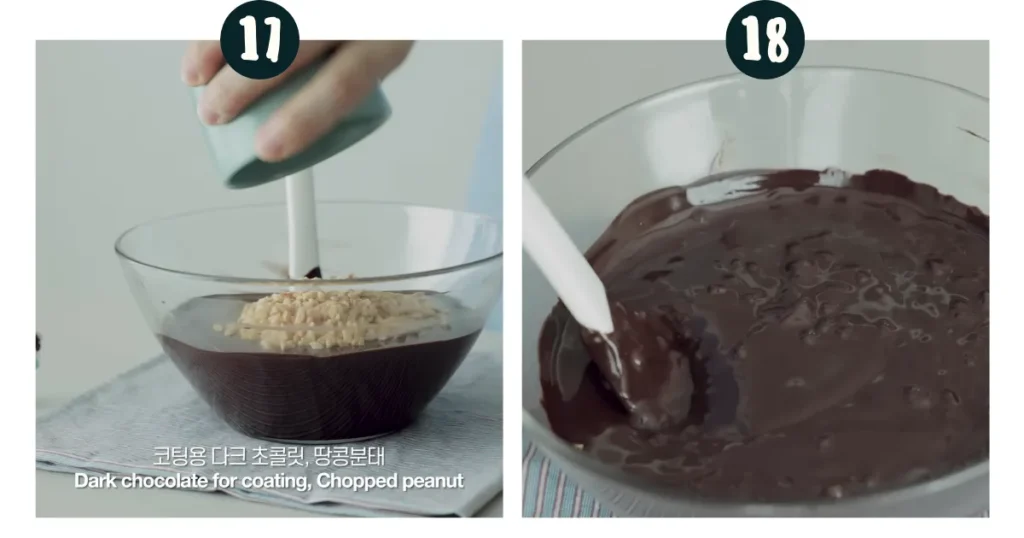 Combine the melted chocolate with ground peanuts and mix thoroughly. 