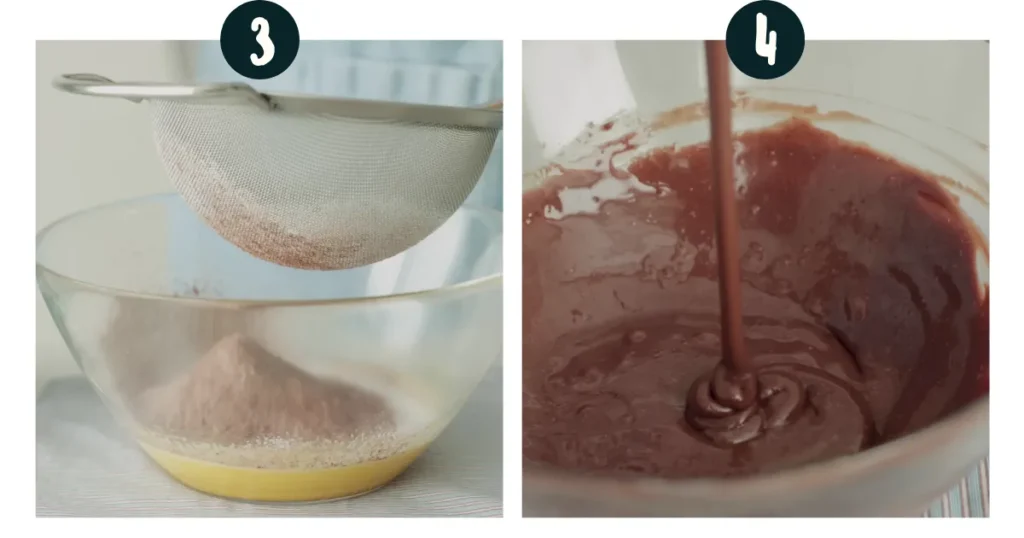 Whisk in the milk and vegetable oil, then add flour, cocoa powder, and baking powder. 