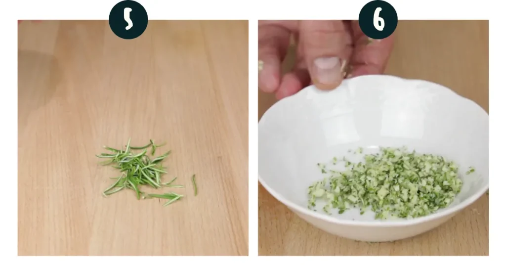 Make a mesh of garlic and rosemary.  Start by finely chopping the rosemary and a big clove of garlic together. 