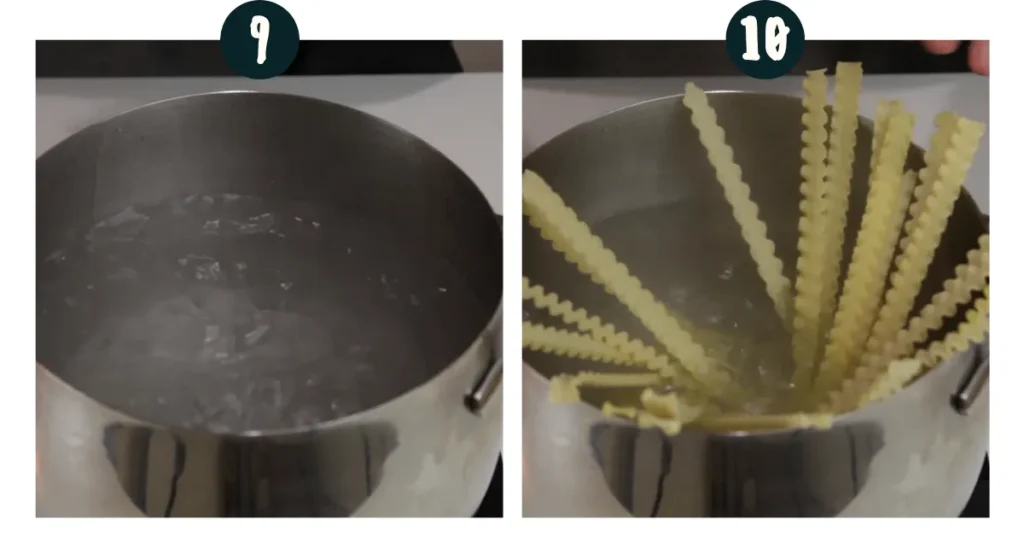 Boil water in a pan and add salt and pasta. Pasta should be added neatly and boiled until al dente.  Drain the pasta.