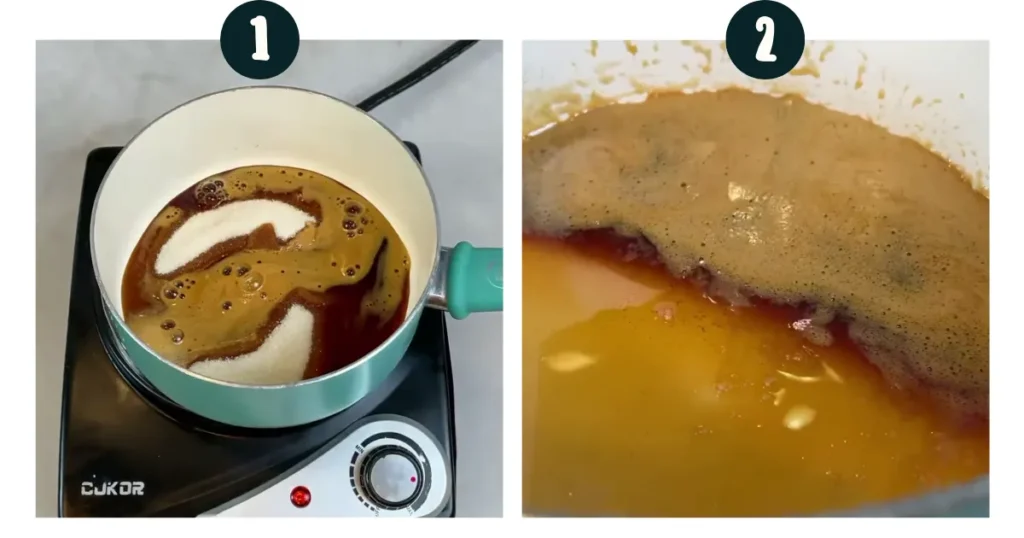 Add sugar and espresso shots in a saucepan on medium-low heat 