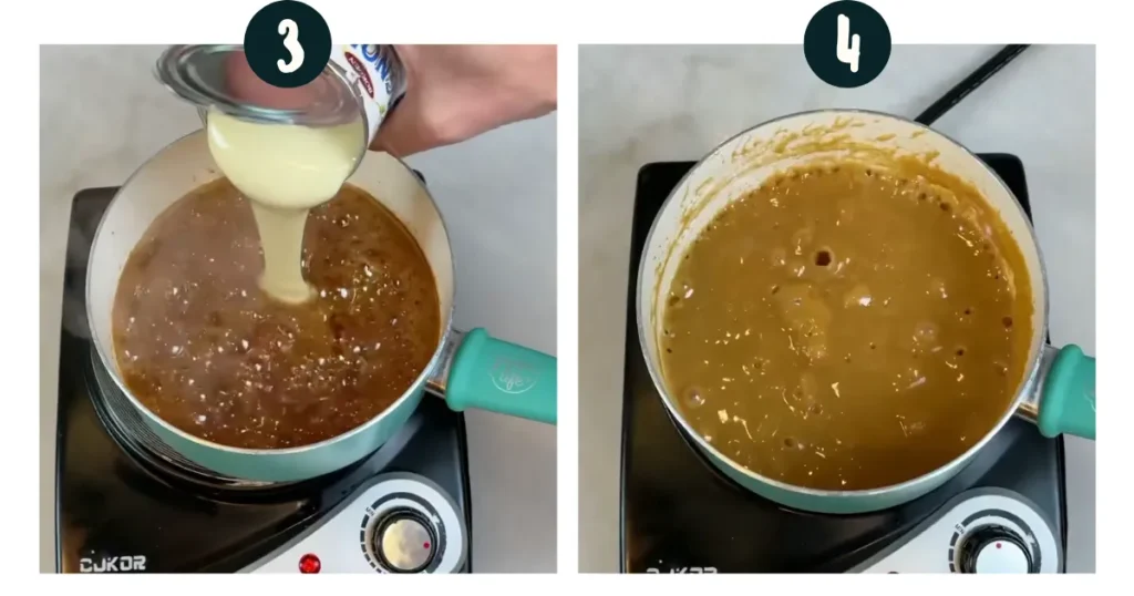 Add condensed milk to the sugar syrup once the sugar crystals are dissolved completely 