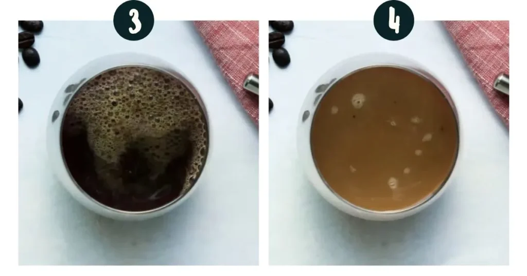 Add hot water and mix well with a whisk or spoon. Pour half-and-half into the coffee mixture and mix.